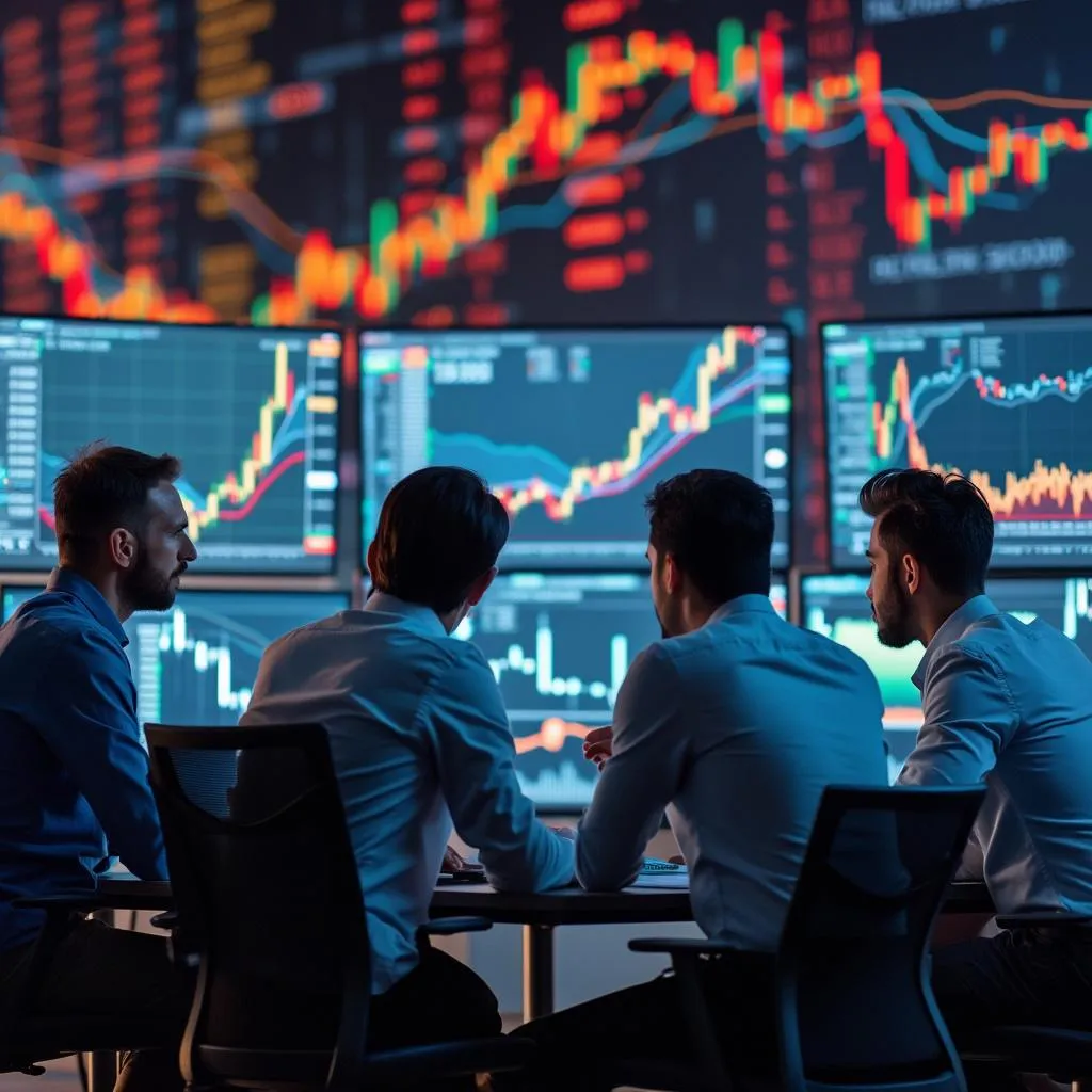 Analistas da InvestAções Brasil discutindo dados do mercado de ações